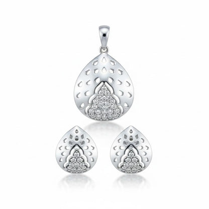 925 Sterling Silver Mixed-Finish Teardrop Pendant & Earrings Set Women