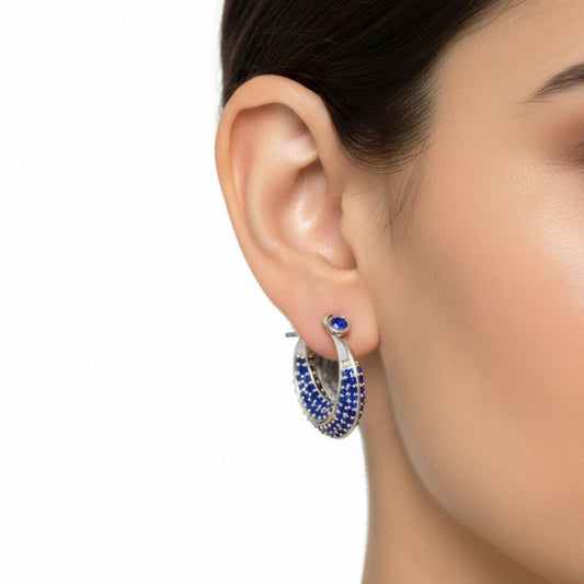925 Sterling Silver Pave Sapphire Huggie Hoop Earrings Unisex