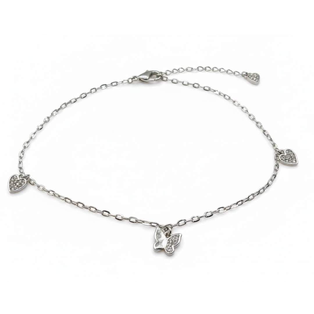 925 Sterling Silver Butterfly & Heart Charm Anklet Women
