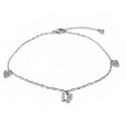 925 Sterling Silver Butterfly & Heart Charm Anklet Women