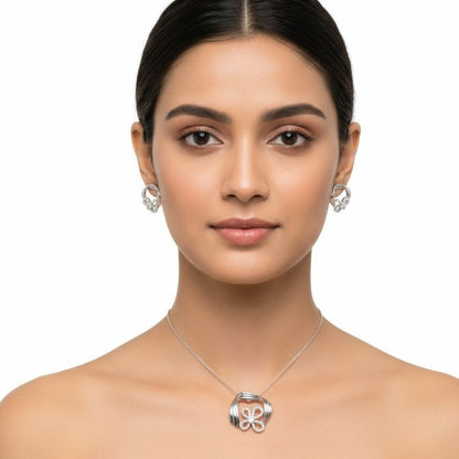 925 Sterling Silver Twisted Frame Pave Flower Pendant Set for Women