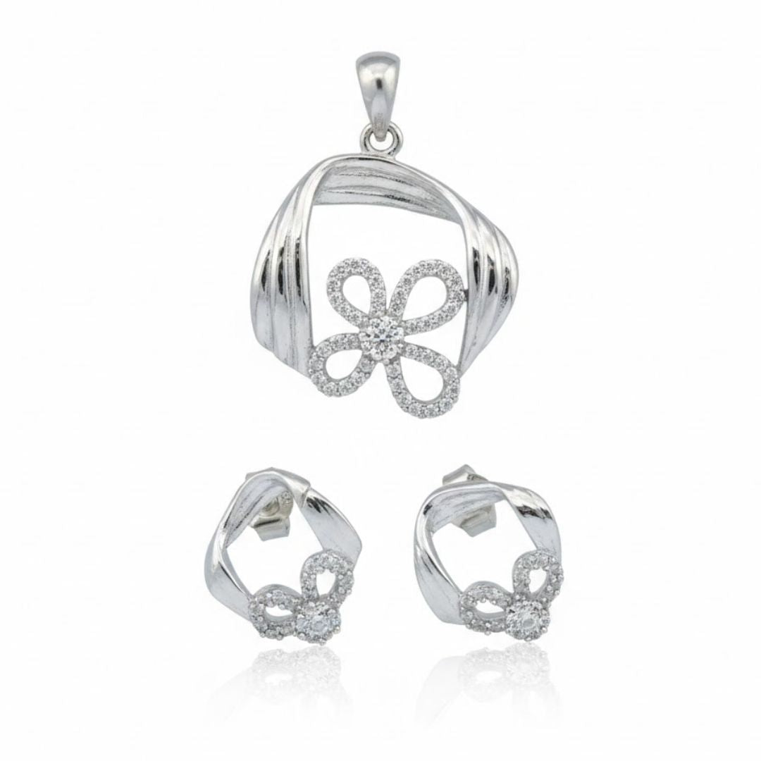925 Sterling Silver Twisted Frame Pave Flower Pendant Set for Women
