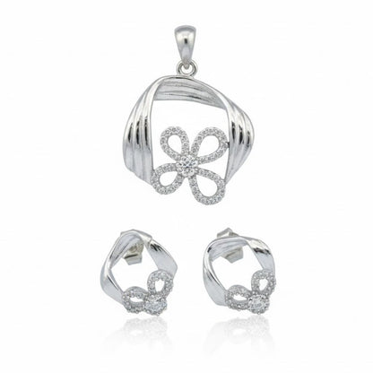 925 Sterling Silver Twisted Frame Pave Flower Pendant Set for Women