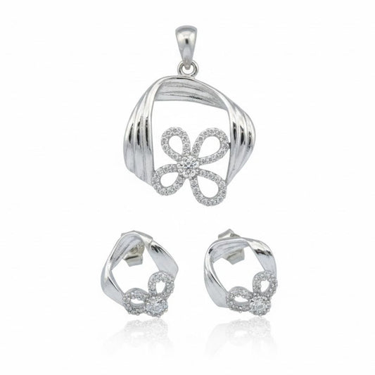 925 Sterling Silver Twisted Frame Pave Flower Pendant Set for Women