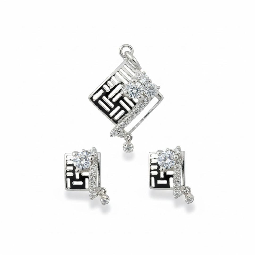 925 Sterling Silver Geometric Pave Pendant Set for Women