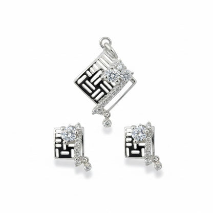 925 Sterling Silver Geometric Pave Pendant Set for Women