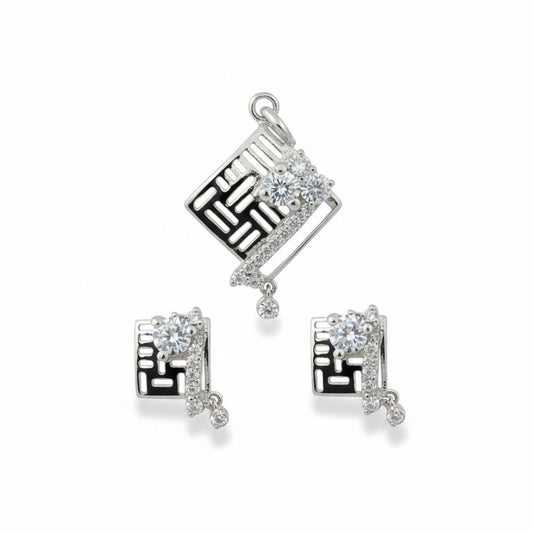 925 Sterling Silver Geometric Pave Pendant Set for Women