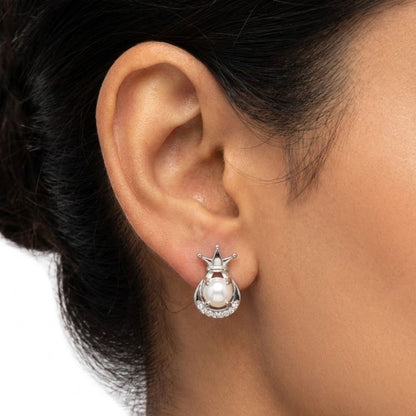 Silver Tone Pearl Crown Stud Earrings for Women | Gift Jewelry