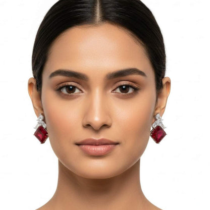 925 Sterling Silver Ruby Geometric Stud Earrings for Women