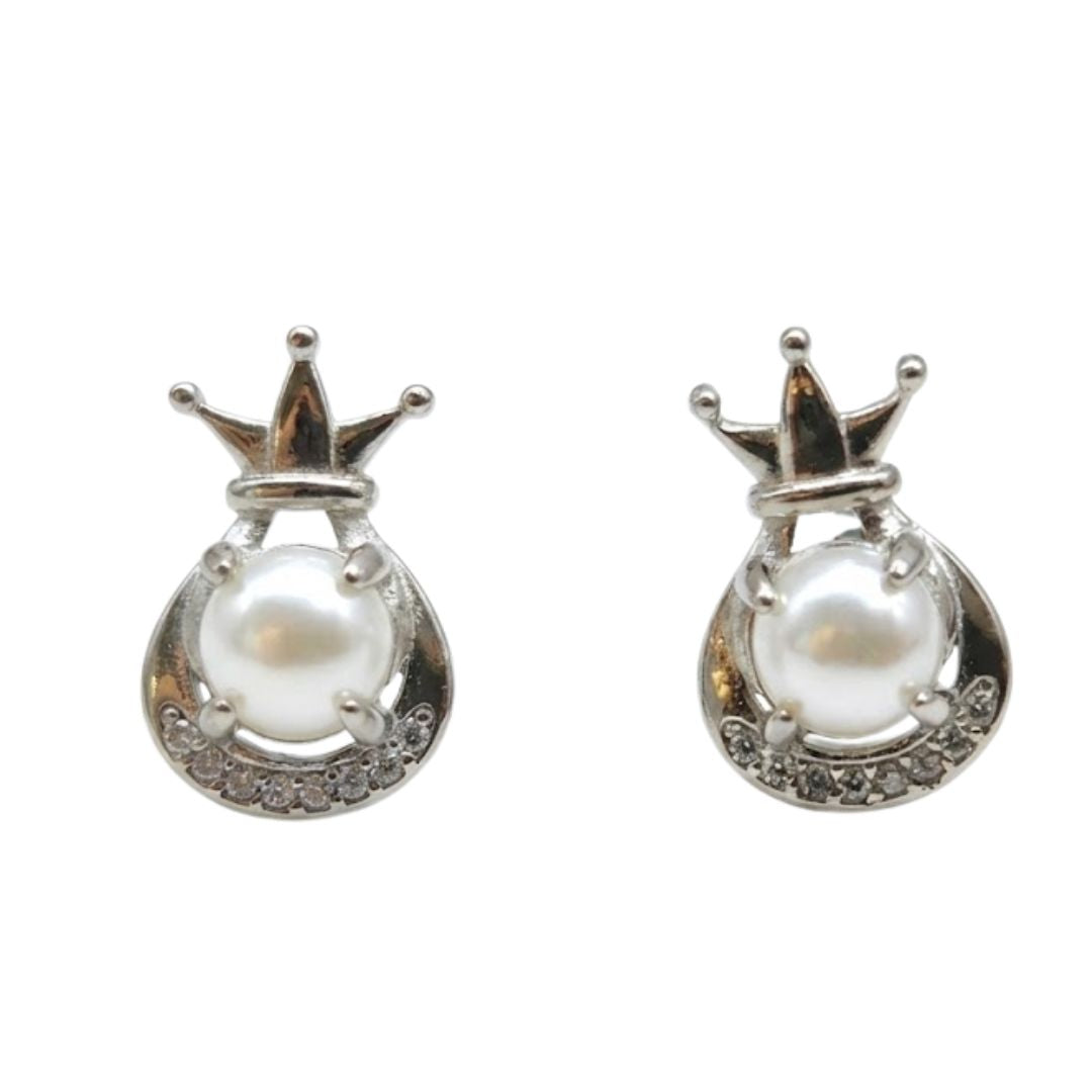 Silver Tone Pearl Crown Stud Earrings for Women | Gift Jewelry