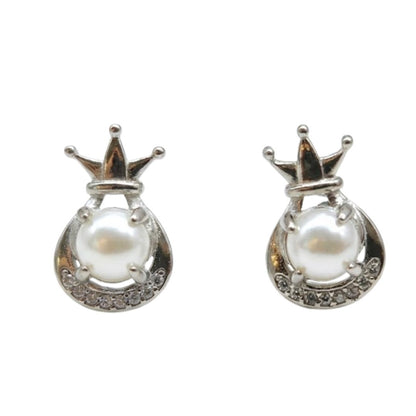 Silver Tone Pearl Crown Stud Earrings for Women | Gift Jewelry