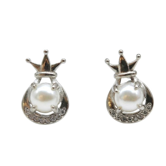 Silver Tone Pearl Crown Stud Earrings for Women | Gift Jewelry