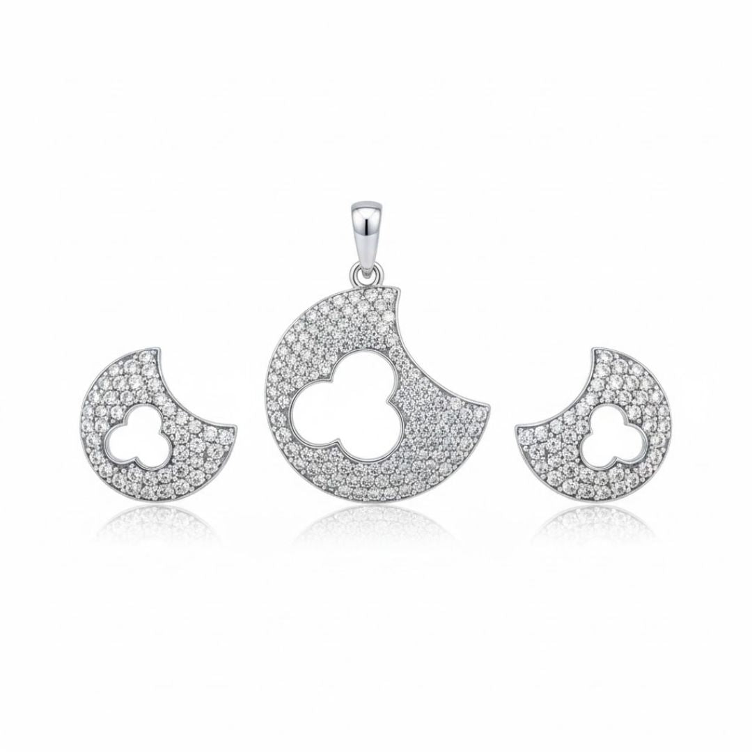 925 Sterling Silver Quatrefoil Crescent Pendant & Earrings Set
