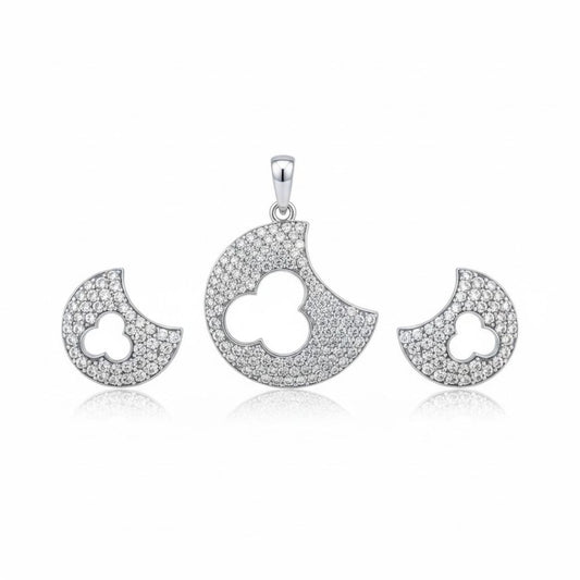 925 Sterling Silver Quatrefoil Crescent Pendant & Earrings Set