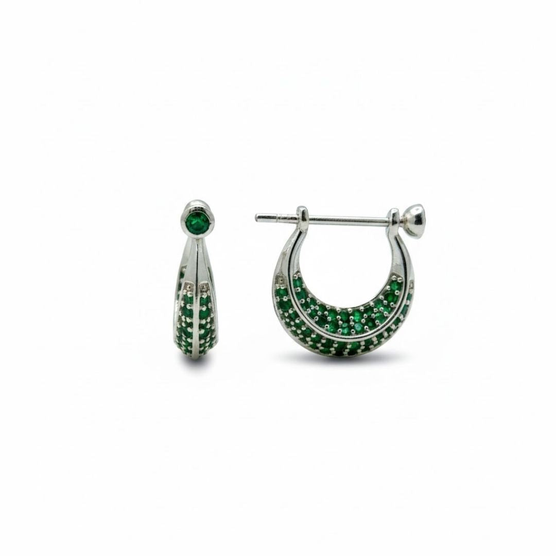 925 Sterling Silver Pave Green Gemstone Huggie Hoop Earrings Unisex