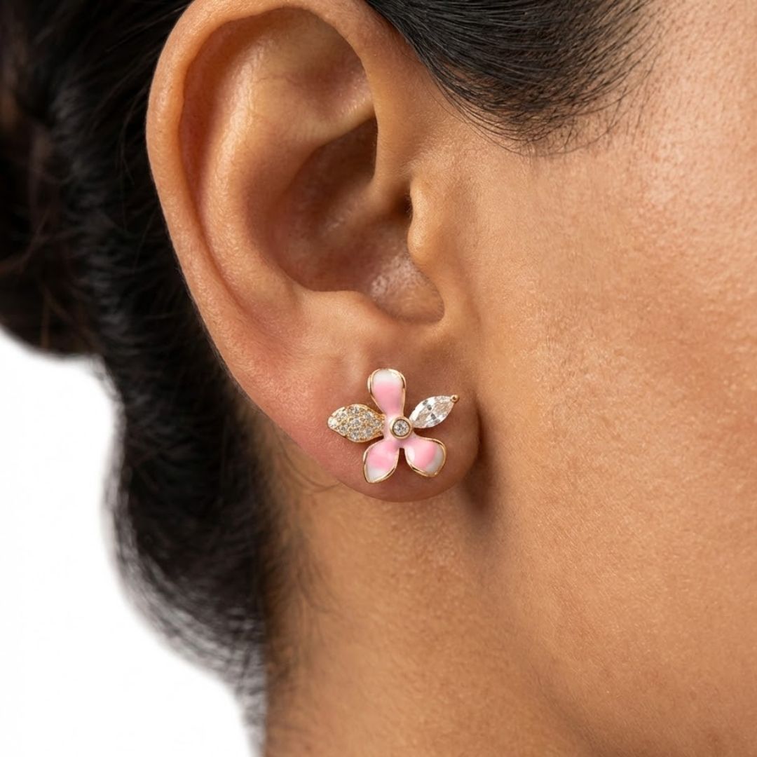 925 Sterling Silver Pink Blossom Crystal Flower Stud Earrings