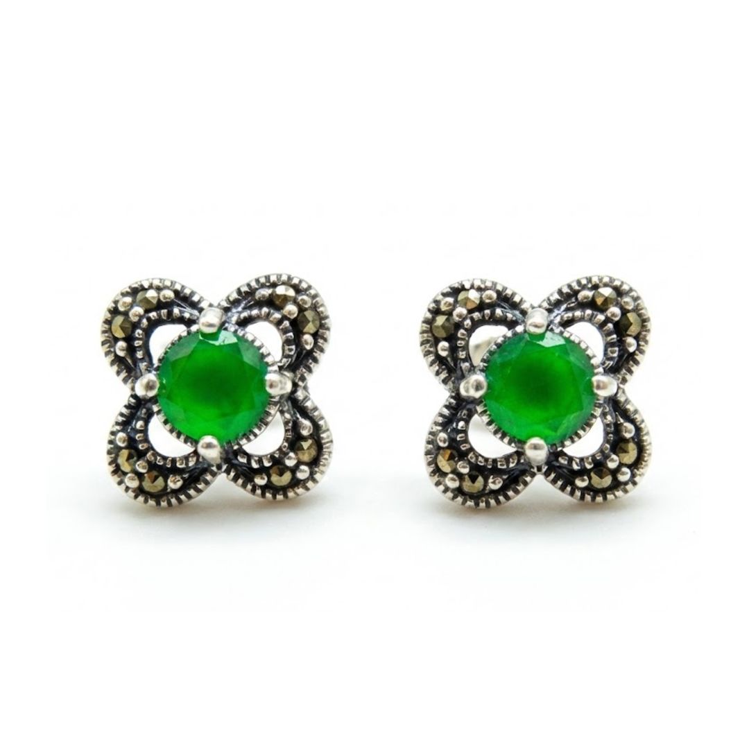 925 Sterling Silver Green Stone Round Stud Earrings for Women