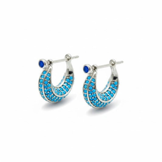 925 Sterling Silver Turquoise Pave Huggie Hoop Earrings Unisex