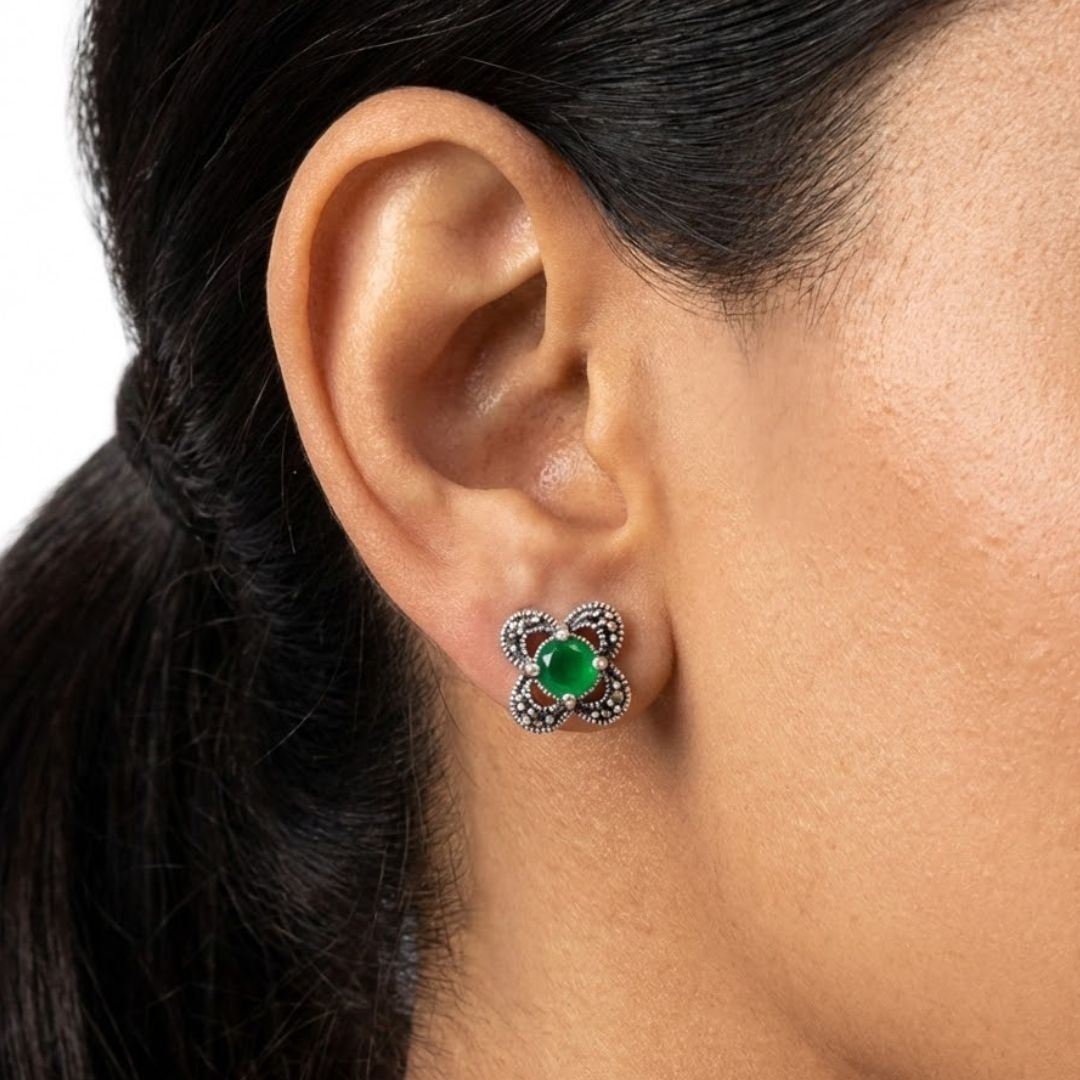 925 Sterling Silver Green Stone Round Stud Earrings for Women