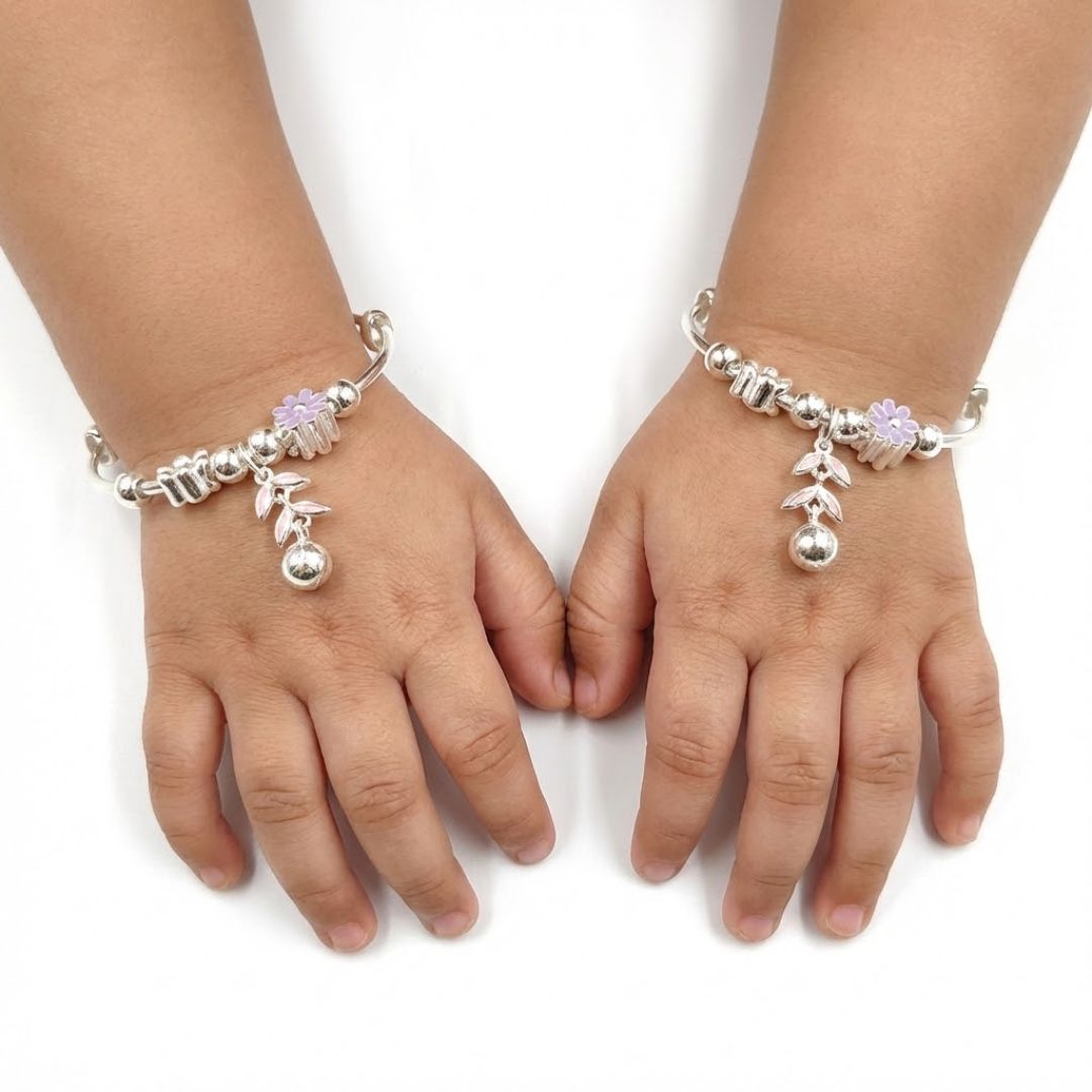 925 Sterling Silver Floral Charm Baby Bangles with Jingle | Gift