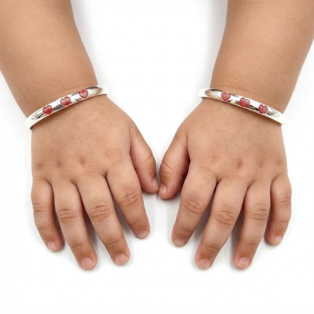 925 Sterling Silver Red Enamel Heart Baby Bangles | Gift