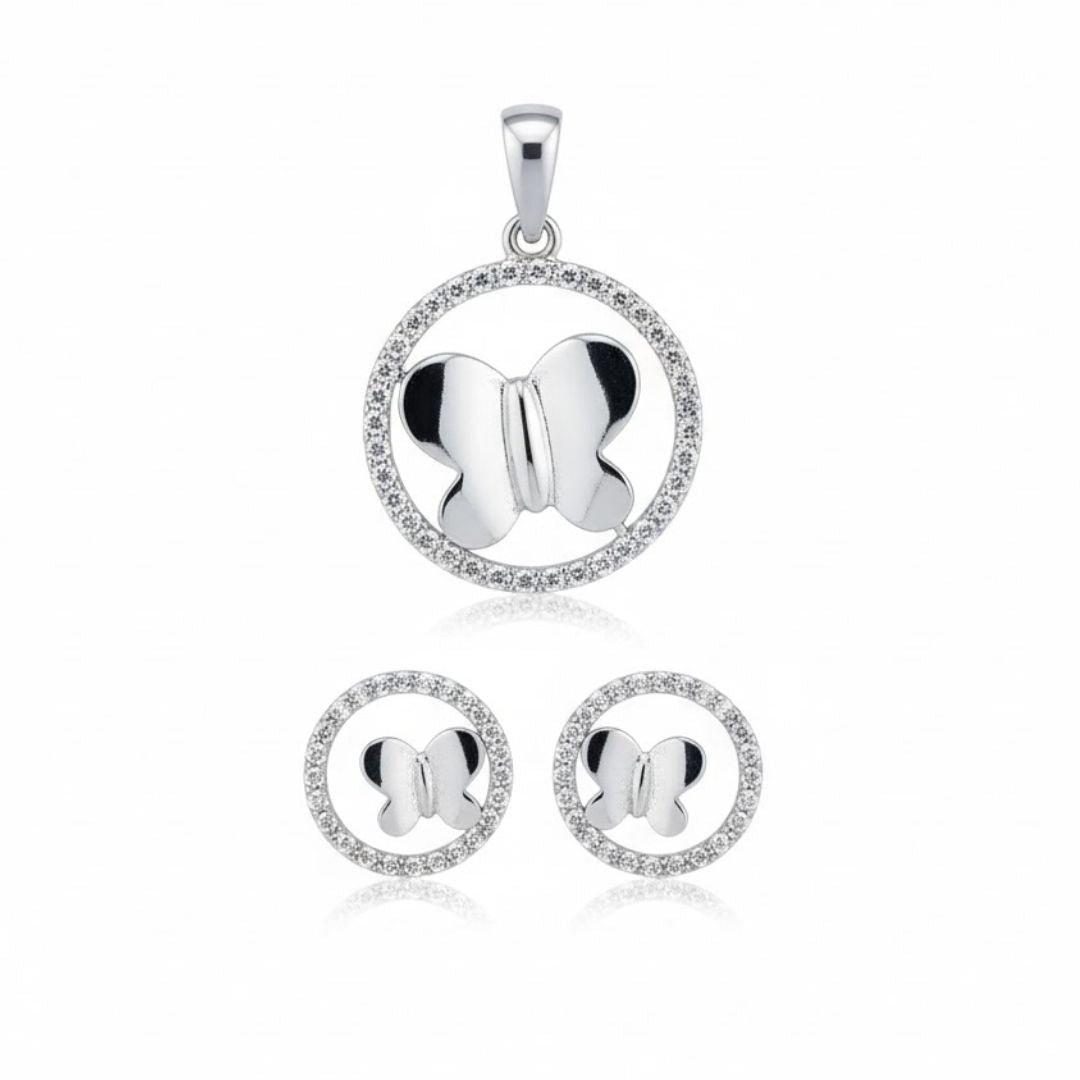 925 Sterling Silver Butterfly Halo Pendant & Earrings Set
