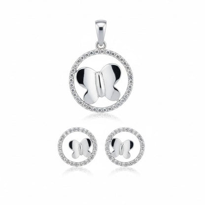 925 Sterling Silver Butterfly Halo Pendant & Earrings Set