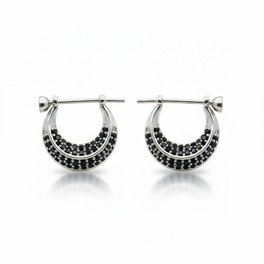 925 Sterling Silver Pave Black Spinel Huggie Hoop Earrings Unisex