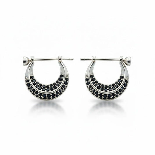 925 Sterling Silver Pave Black Spinel Huggie Hoop Earrings Unisex