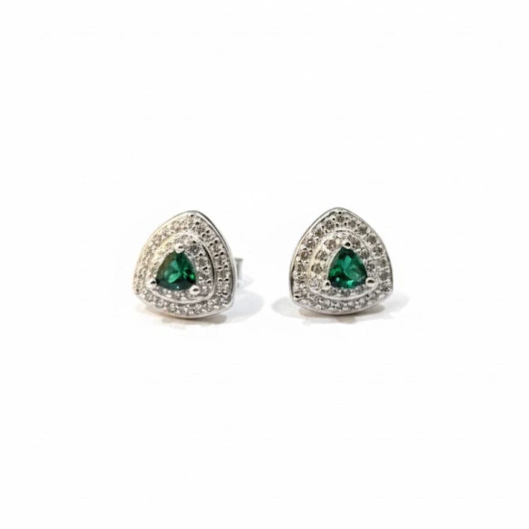 925 Sterling Silver Trillion Emerald Halo Stud Earrings for Women