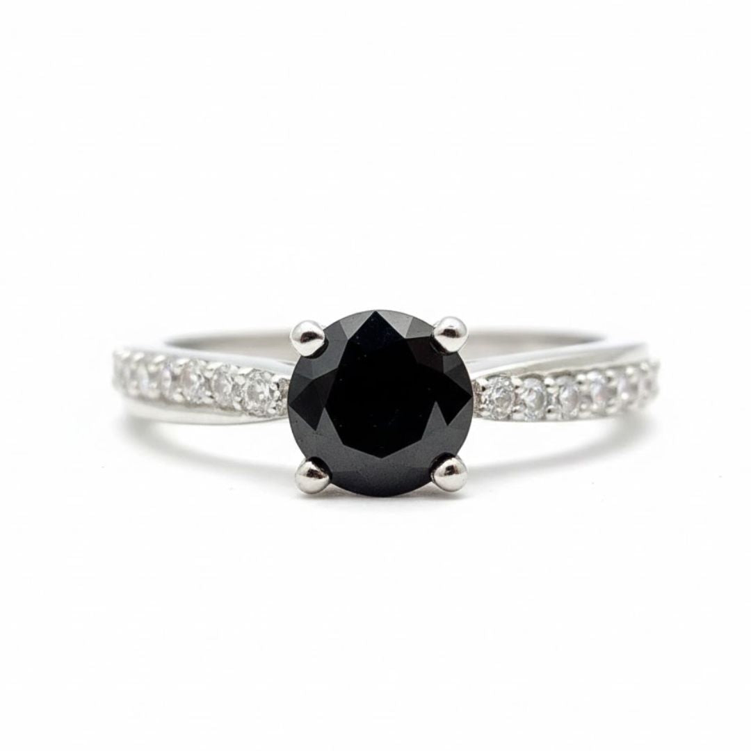 925 Sterling Silver Black Gemstone Solitaire Pave Ring for Women