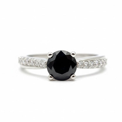 925 Sterling Silver Black Gemstone Solitaire Pave Ring for Women