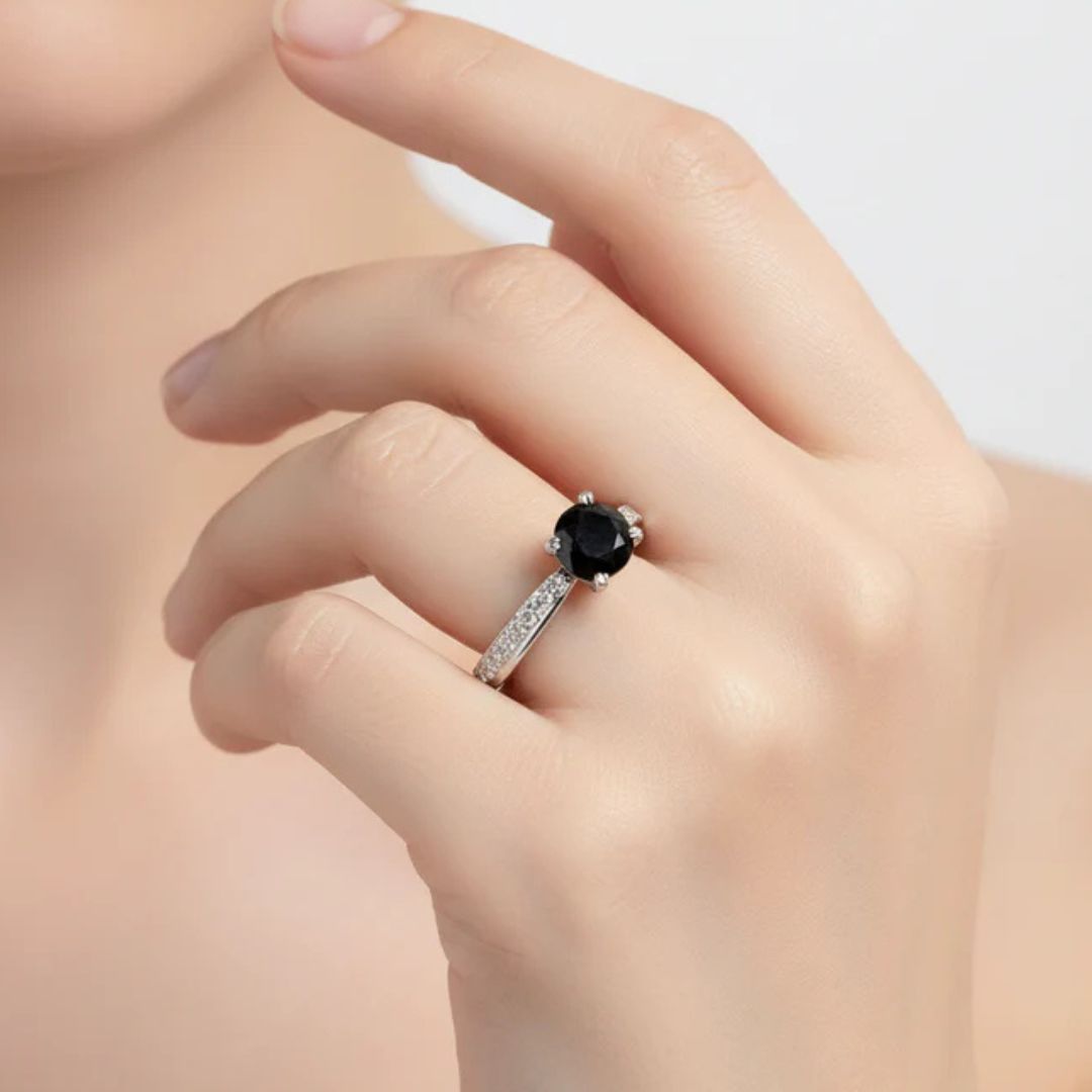 925 Sterling Silver Black Gemstone Solitaire Pave Ring for Women