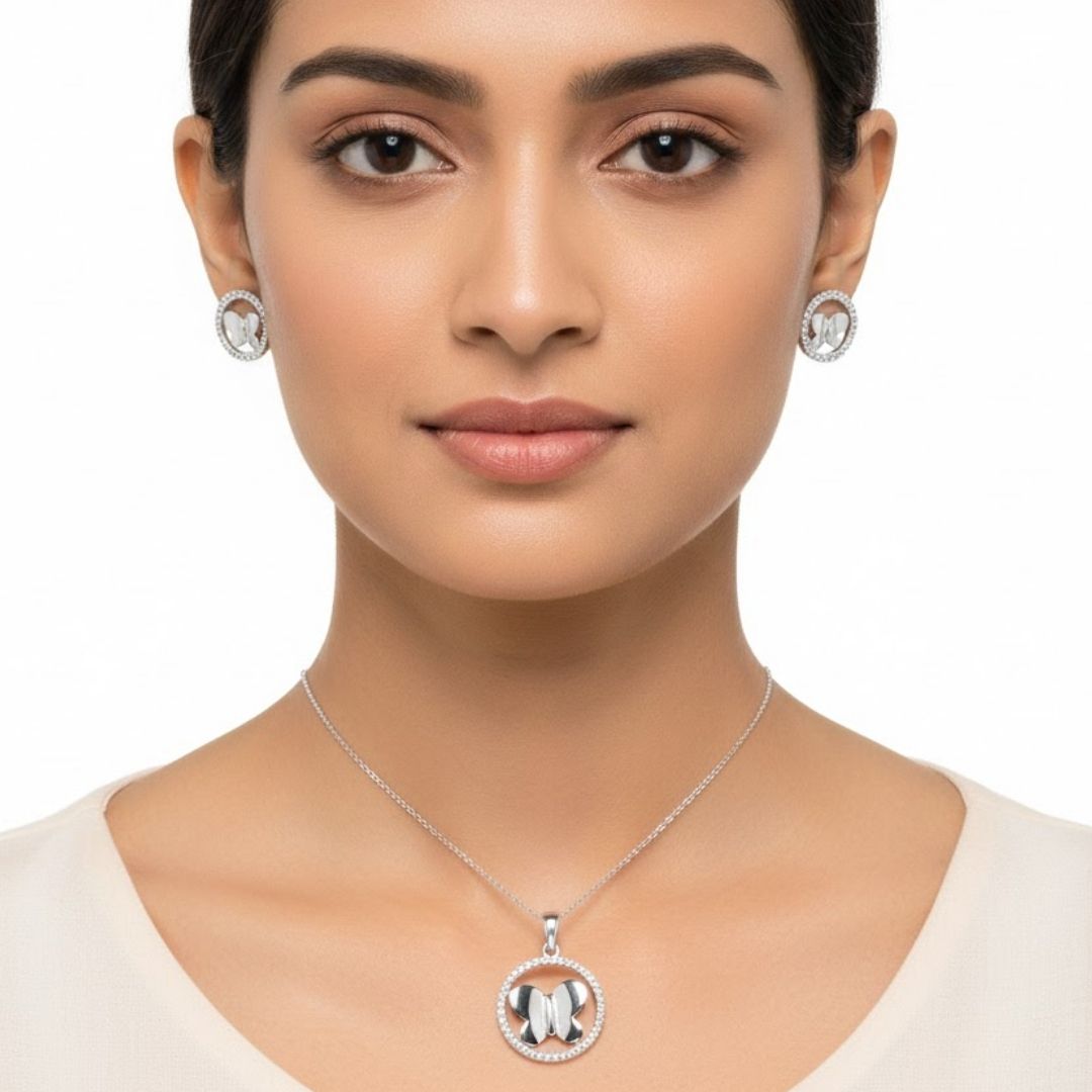 925 Sterling Silver Butterfly Halo Pendant & Earrings Set