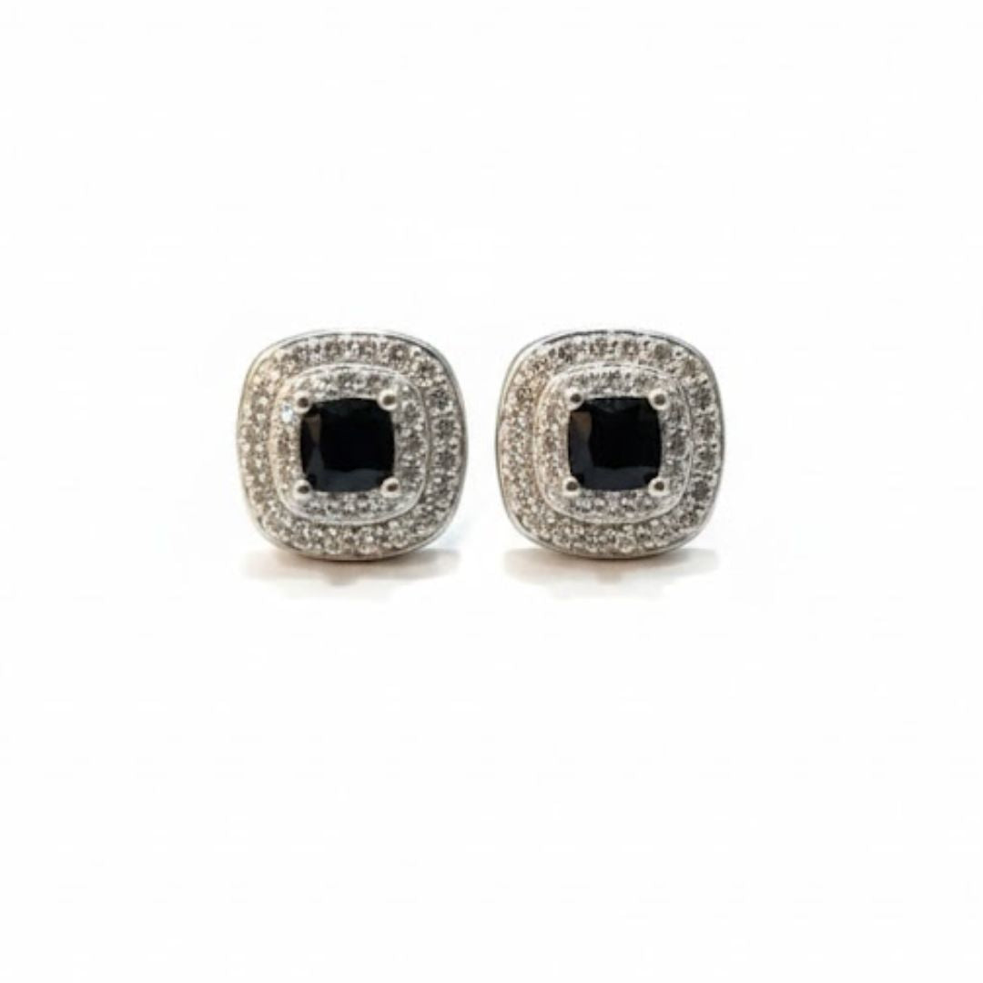 925 Sterling Silver Square Black Spinel Halo Stud Earrings for Women