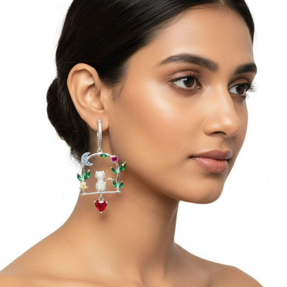 925 Sterling Silver Moonlight Garden Cat Dangle Earrings for Women