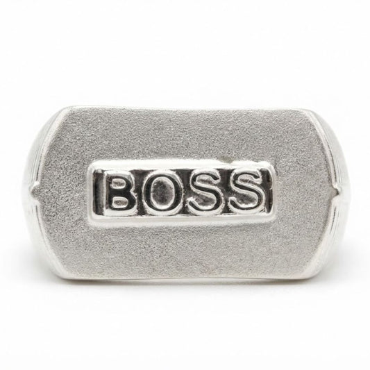 Silver 'BOSS' Signet Ring for Men | Matte Finish Statement Jewelry
