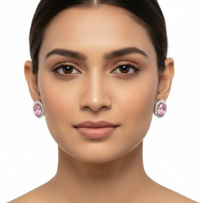 925 Sterling Silver Pink Gemstone Halo Stud Earrings for Women