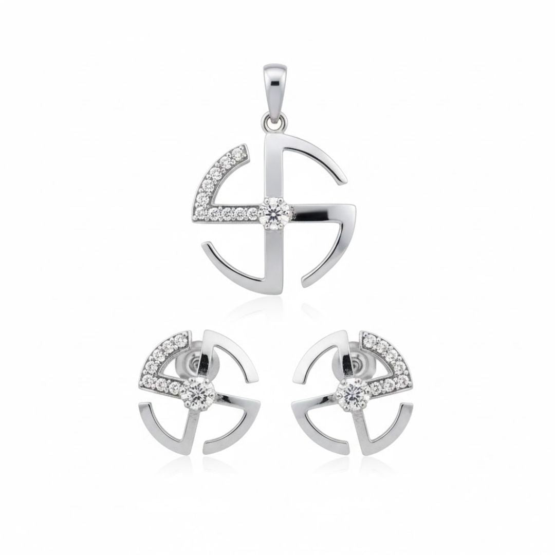 925 Sterling Silver Abstract Wheel Pendant and Earrings Set for Women