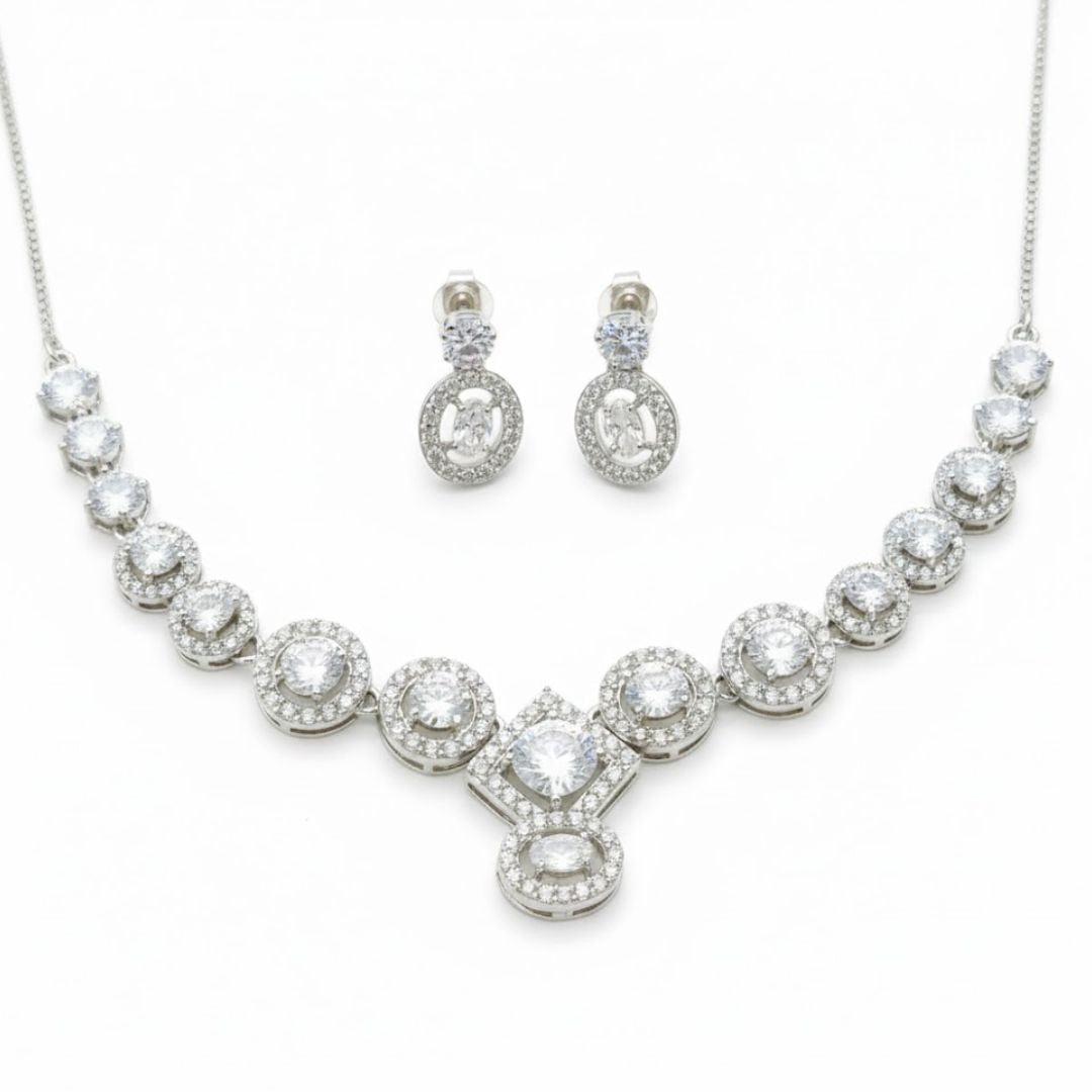 925 Sterling Silver Starlight Geometric Halo Necklace Set