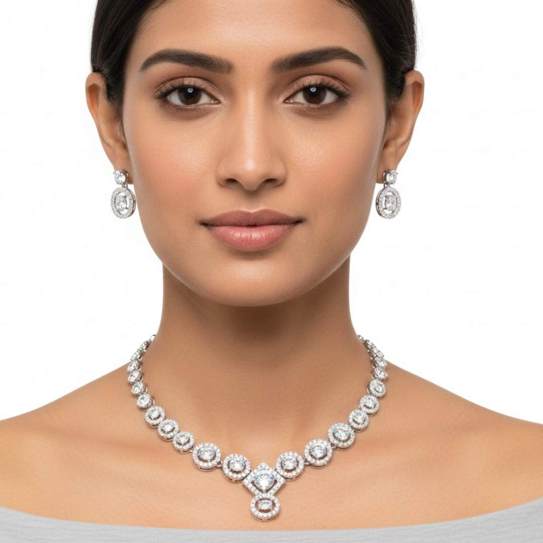 925 Sterling Silver Starlight Geometric Halo Necklace Set