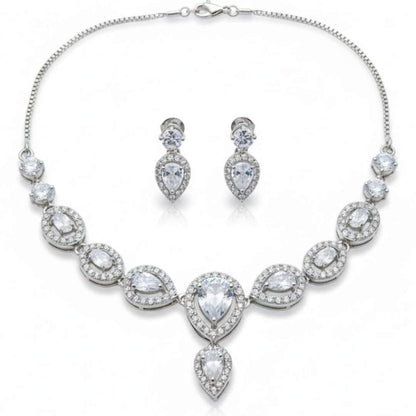 925 Sterling Silver Celestial Teardrop Halo Necklace Set