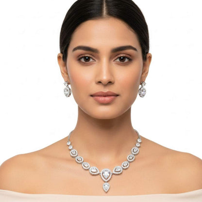 925 Sterling Silver Celestial Teardrop Halo Necklace Set
