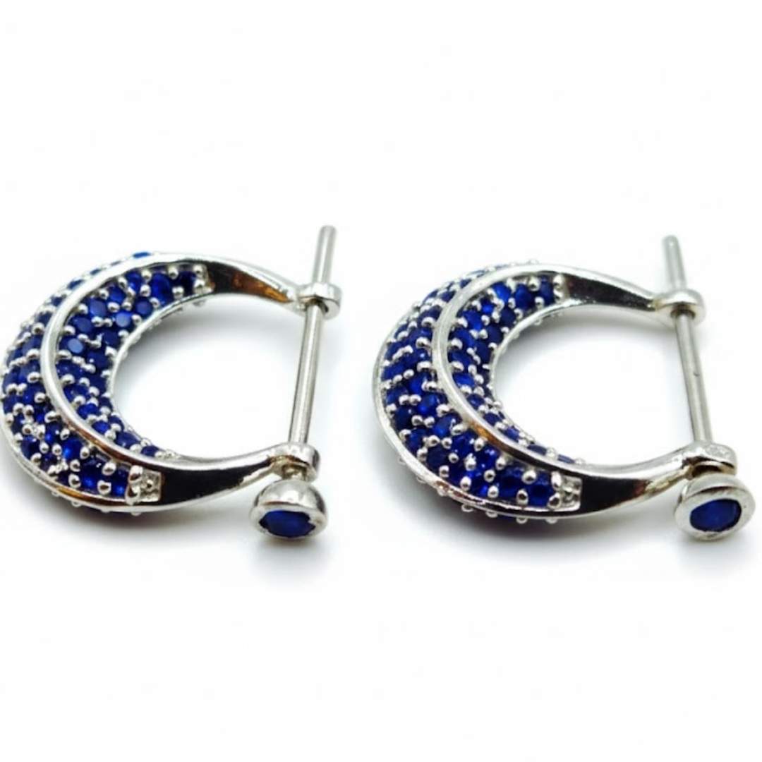 925 Sterling Silver Pave Sapphire Huggie Hoop Earrings Unisex