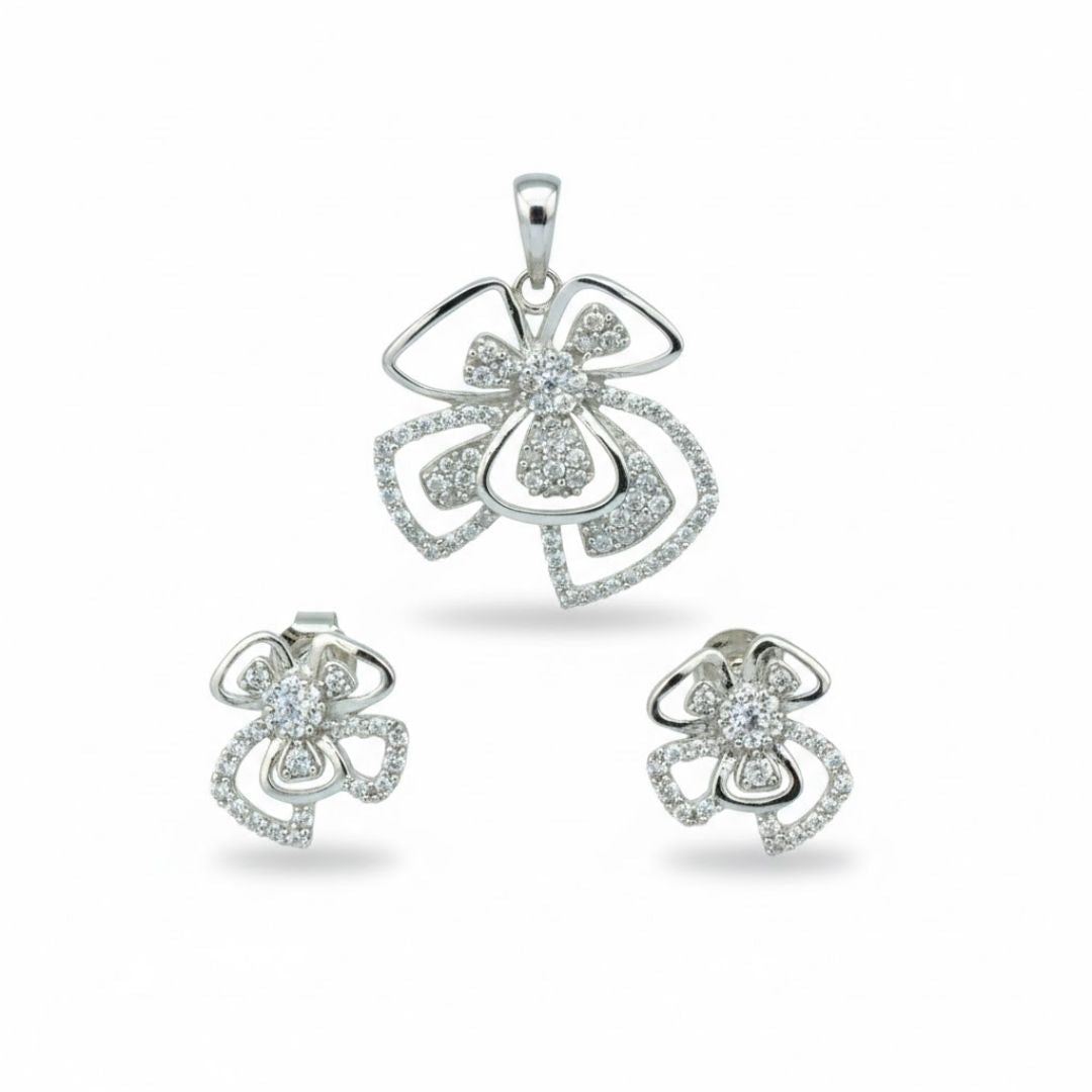 925 Sterling Silver Floral Diamond Pendant & Earrings Set for Women