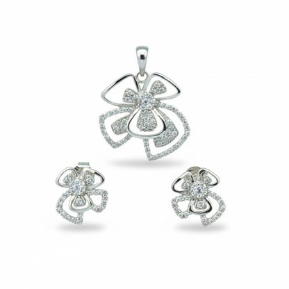925 Sterling Silver Floral Diamond Pendant & Earrings Set for Women