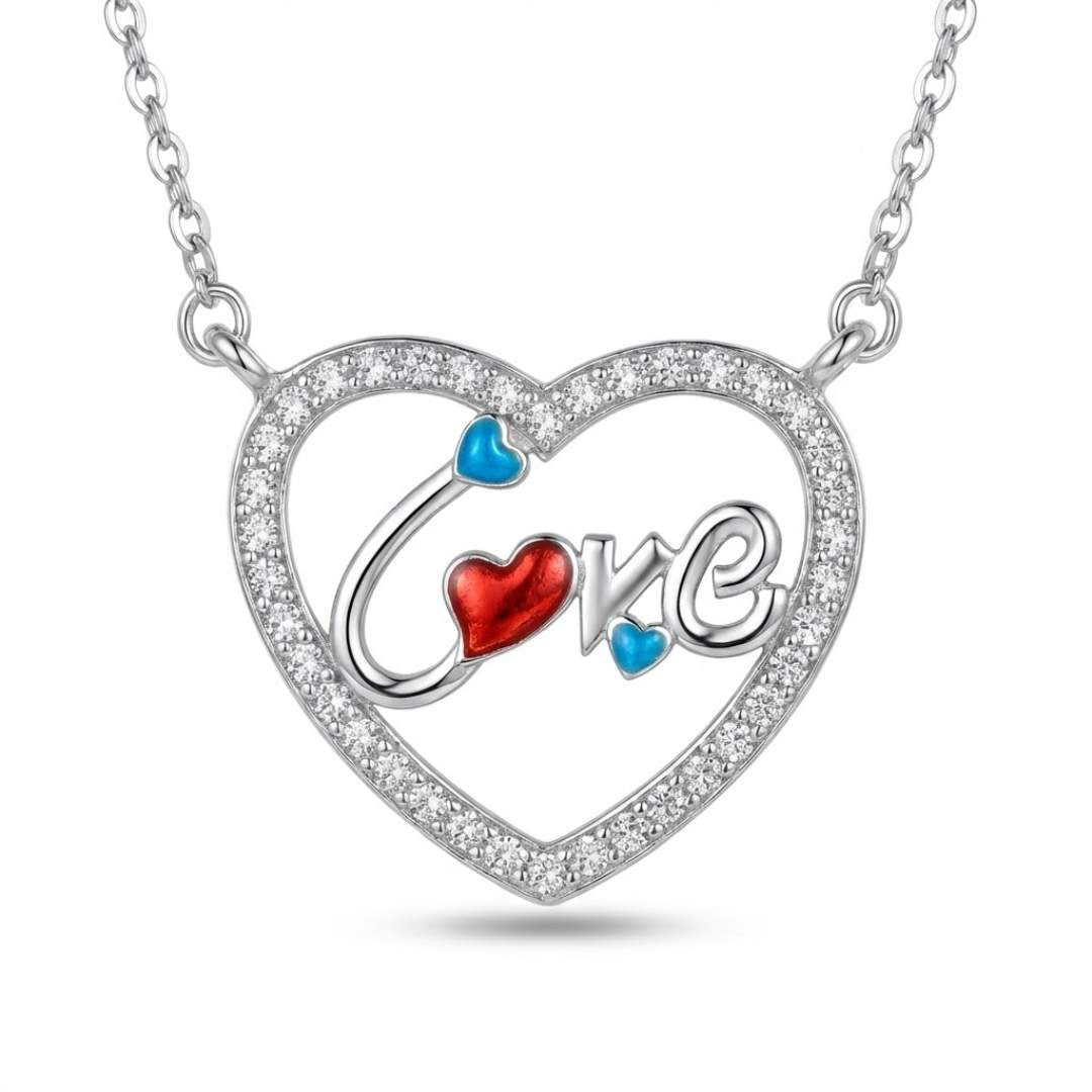 925 Sterling Silver Pave Heart Pendant with Enamel "Love" Script