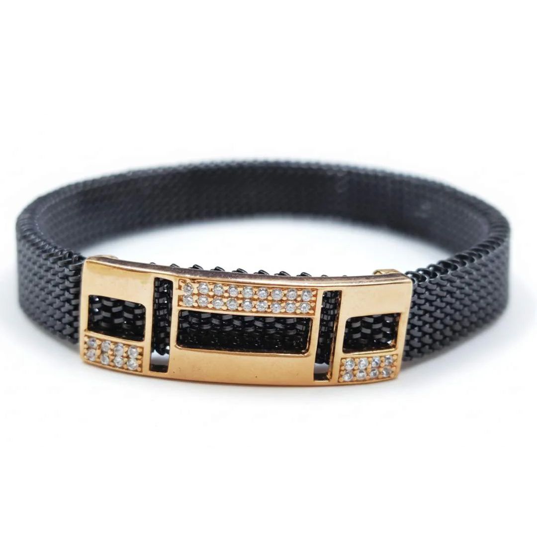 925 Sterling Silver Black Mesh Stretch Bracelet for Men