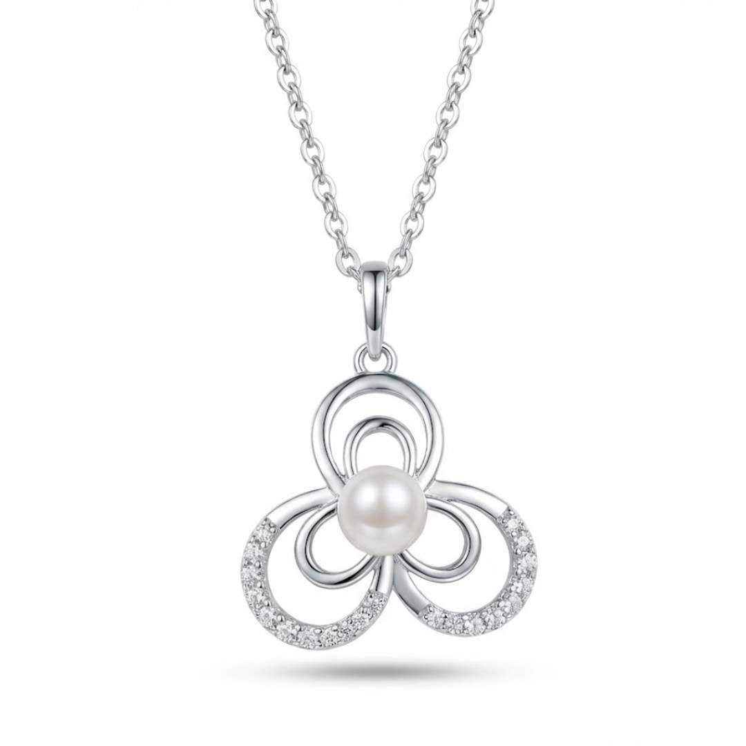 925 Sterling Silver Pearl & Pave Trefoil Pendant for Women
