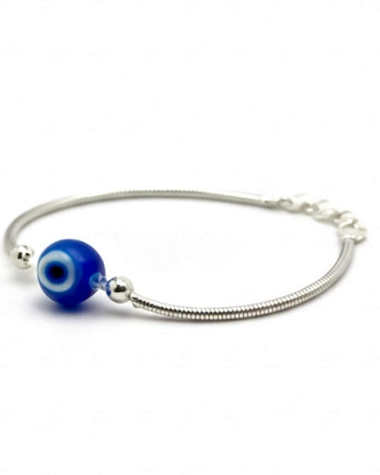 925 Sterling Silver Snake Chain Anklet with Blue Evil Eye